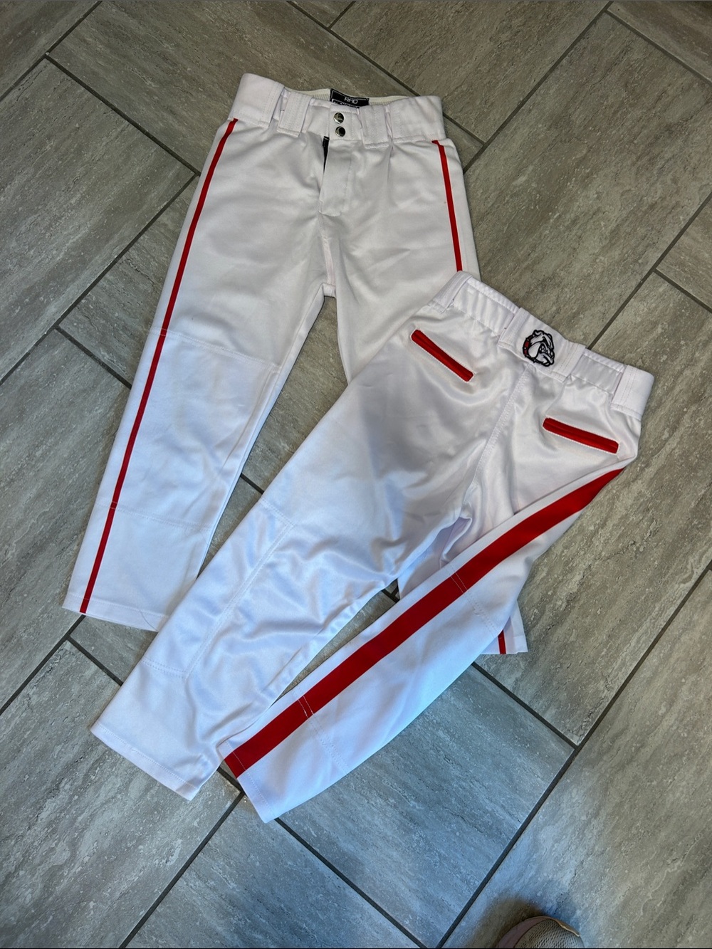 White Baseball Pants with Red Side Stripes